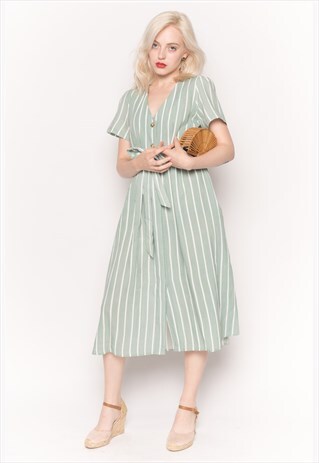 SHORT SLEEVE V NECK MIDI DRESS IN GREEN AND WHITE STRIPE