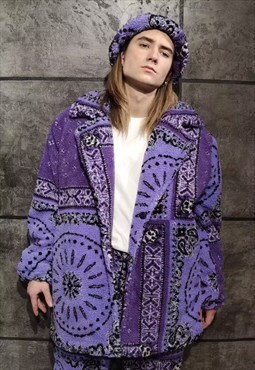 Paisley fleece jacket handmade bandanna trench coat purple