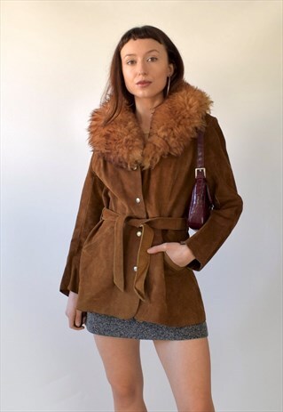 VINTAGE 70S PENNY LANE SUEDE BELTED FAUX FUR COLLAR JACKET