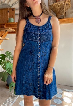 Vintage 90's Blue Embroidered Hippie Mini Dress - S/M