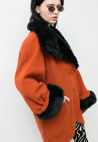 VINTAGE WOOL COAT ORANGE BUTTON UP LONG SLEEVED FAUX FUR