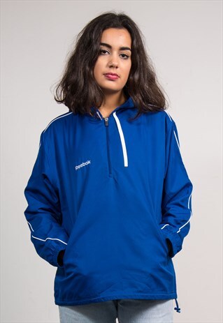 VINTAGE 90'S BLUE REEBOK HOODED PULLOVER TRACKSUIT JACKET