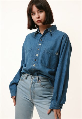 90S VINTAGE DENIM FLORAL SHIRT BLOUSE 1196