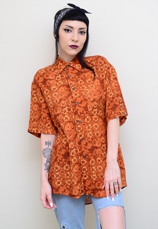 VINTAGE 90'S BOHO HIPPIE BURNT ORANGE PATTERNED SHIRT