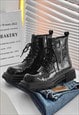SHINY RUBBER BOOTS SQUARE TOE TRACTOR PLATFORM SHOES BLACK