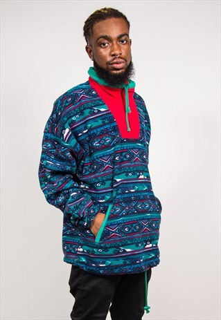 90'S AZTEC PATTERN COLOURBLOCK QUARTER ZIP FLEECE JUMPER