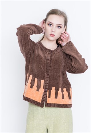 VINTAGE BROWN HUGO BOSS VELVET PATTERNED RETRO SWEATER