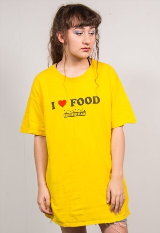VINTAGE 90'S YELLOW I HEART FOOD SLOGAN OVERSIZED T-SHIRT