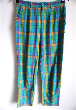 Vintage Checked Pants Check High waist Blue Green Summer