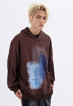 Abstract print hoodie space pullover raver top in blue brown