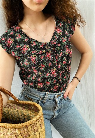 VINTAGE 80S ENGLISH ROSE FLORAL PRINT BLOUSE TOP BOHO CHIC