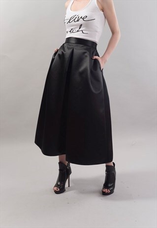BLACK MIDI SKIRT BELTED PLEATED SATIN BLACK SKIRT F1818