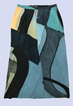Multicoloured Blue Pattern High Waist Split Front Midi Skirt