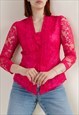 VINTAGE 70S FITTED LONG SLEEVE LACE BLOUSE IN PINK XS