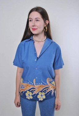 Vintage 90s Hawaiian shirt, blue Hawaii button up shirt