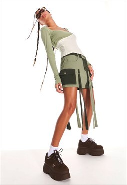 Mini Cargo Skirt With Tassels In Green