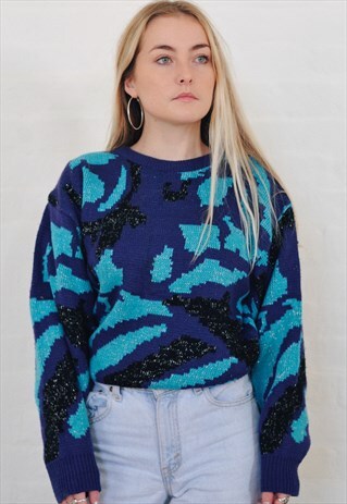 VINTAGE 90'S ABSTRACT PATTERN PURPLE GLITTER KNIT JUMPER