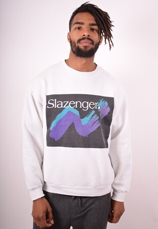 SLAZENGER MENS VINTAGE SWEATSHIRT JUMPER LARGE WHITE 90S