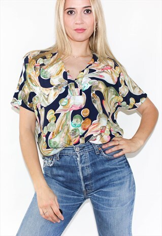 VINTAGE 90'S BUTTON UP PATTERN BLOUSE/ TOP