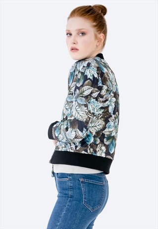FLOWER PRINT WOMEN BOMBER JACKET WITH SIDE POCKETS
