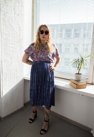 VINTAGE 80'S BLUE TEXTURED MIDI PLEATED SKIRT