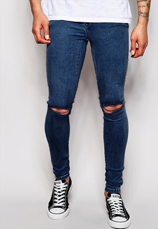 54 FLORAL SKINNY RAW CUT DENIM JEANS - NAVY