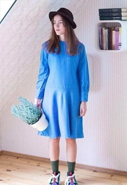 Bright blue long sleeve A line wool dress