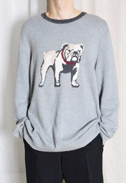 Y2K Grey Graphic Dog Bulldog Print Cotton Knit Sweater