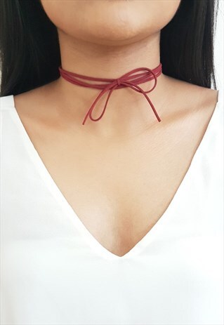 SUEDE RED BOW CHOKER NECKLACE