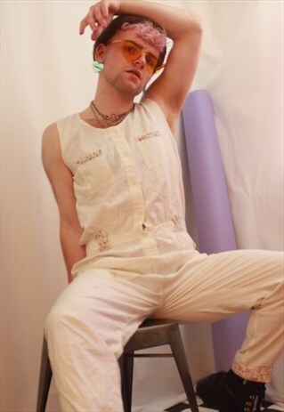 VINTAGE FLORAL WHITE SLEEVELESS OVERALL DUNGAREE