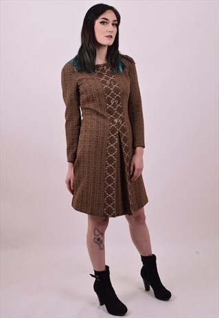 VINTAGE 60'S BROWN MOD SCOOTER SHIFT DRESS SIZE 10 SMALL 12