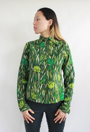 VINTAGE GREEN BENGAL TIGER JUNGLE PRINT BLOUSE