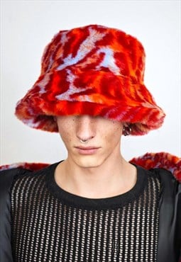 Red leopard bucket hat faux fur animal print fesgtival cap