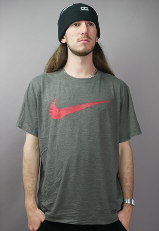 Vintage Nike Big Tick Graphic T Shirt in Grey with Logo