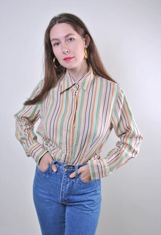 90S VINTAGE WOMEN STRIPED BLOUSE FOR WORK