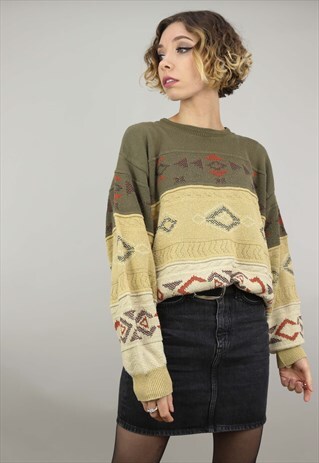 VINTAGE 80S 90S OVERSIZED PATTERNED KNIT JUMPER