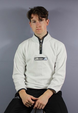 VINTAGE ELLESSE 1/4 ZIP SWEATSHIRT IN WHITE WITH RUBBER PATC