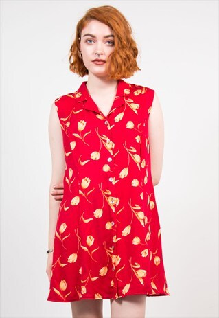 VINTAGE 90'S BRIGHT RED FLORAL BOHO MINI DRESS