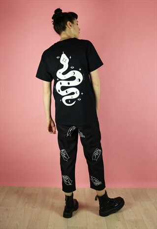 SPACE SNAKE MOON PHASE BACK PRINT T-SHIRT - WHITE ON BLACK