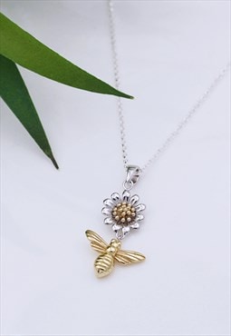 Bee & Daisy Flower necklace in Sterling Silver & Gold plate