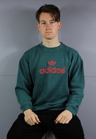 VINTAGE ADIDAS SWEATSHIRT IN GREEN WITH FELT PRINT LOGO. SIZ