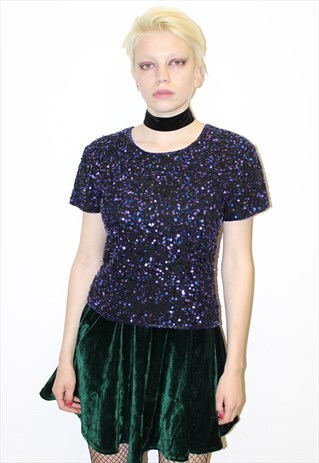 90S VINTAGE BLACK PURPLE BLUE SEQUIN PARTY TOP