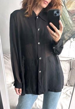 Sheer Black Long Blouse / Shirt - M - L