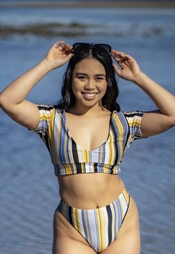 Fonda short sleeve bikini Top Only - Saffron Stripes