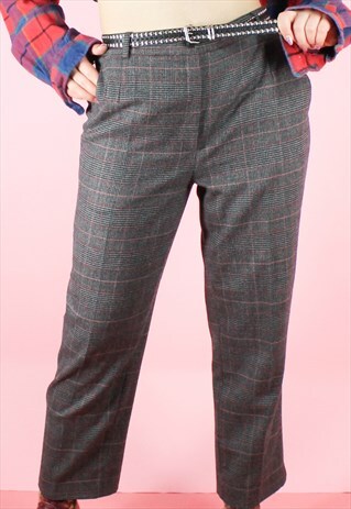 VINTAGE 90S TROUSERS SUIT CHECK HIGH WAISTED GREY WINTER