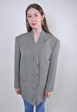 80S VINTAGE GRAY PLAID BLAZER, SIZE L