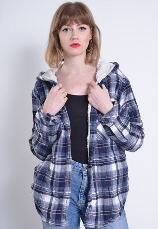 VINTAGE FLEECE LINED CHECK FLANNEL HOODED JACKET BLUE
