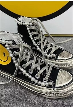 Customized anchor trainers pearls smile paint sneakers black