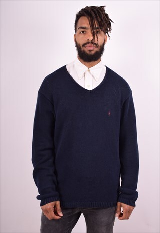 POLO RALPH LAUREN MENS VINTAGE JUMPER SWEATER LARGE BLUE 90S