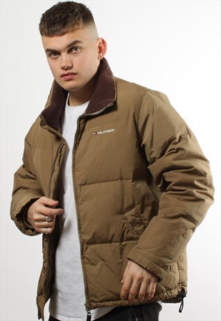 VINTAGE TOMMY HILFIGER BROWN PUFFER JACKET WITH SPELL OUT